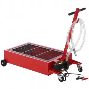 20 Gal Oil Drain Pan with 12V Pump, Foldable T Handle, Wheels, 7.5 ft Hose, 76L Low Profile Tank for Car, Truck, Rust Resistant, Red