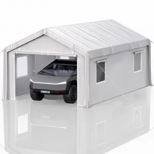 12' x 20' x 11' Heavy-Duty Portable Garage with Canopy Roof, Roll-Up Windows, Galvanized Steel Frame, Water-Resistant, Front & Back Doors, White, Outdoor Storage