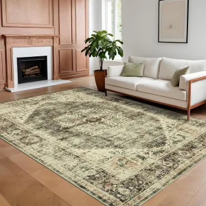 5x7 Washable Area Rug Vintage Rug Traditional Floor Cover Foldable Soft Rug Kitchen Accent Rug Indoor Distressed Non Slip Carpet Floral Print Mat Bedroom Living Room Bathroom Brown