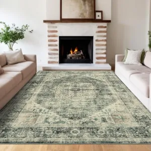 Vintage Area Rug, 4x6 Stain Resistant Carpet Non Shedding Non-Slip Soft Rug Bedroom Dining Room Home Office, Low Pile Farmhouse Oriental Indoor Floor Rug Brown Green