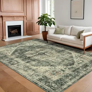 10x13 Rug, Large Brown Green Area Rug - Non-Slip Foldable Rugs for Living Room 10x13 - Stain Resistant Vintage Area Rugs 10x13 - Living Room Area Rugs 10x13 - Eco-Friendly Washable Rug