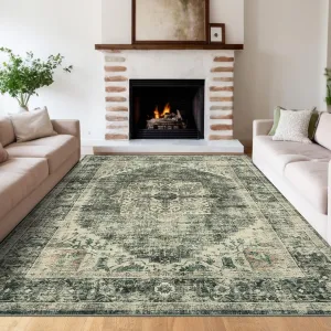 Machine Washable 9x12 Area Rugs for Living Room Indoor Rugs Non Slip Low Pile Water Resistant Soft Print Pattern Carpet for Bedroom Indoor Decor Polyester Rug Brown Green