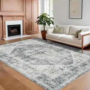 Machine Washable 9x12 Area Rugs for Living Room Indoor Rugs Non Slip Low Pile Water Resistant Soft Print Pattern Carpet for Bedroom Indoor Decor Polyester Rug Grey