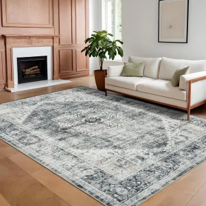 Vintage Area Rug, 4x6 Stain Resistant Carpet Non Shedding Non-Slip Soft Rug Bedroom Dining Room Home Office, Low Pile Farmhouse Oriental Indoor Floor Rug Grey