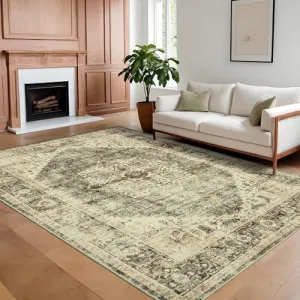 Machine Washable 9x12 Area Rugs for Living Room Indoor Rugs Non Slip Low Pile Water Resistant Soft Print Pattern Carpet for Bedroom Indoor Decor Polyester Rug Brown