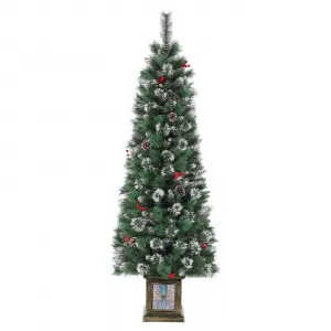 7ft Slim Pencil Fraser Fir Artificial Christmas Tree with 140 Warm White LED Lights, Pre-Lit Hinged Branches, PVC Material, Stable Box Base, Flame-Retardant for Small Spaces and Holiday Decor