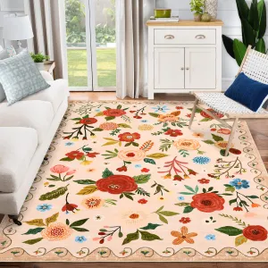 Area Rug 5x7 Washable Non-Slip Low Pile 100% Polyester TPR Backing Vintage Design Living Room Dining Room Bedroom