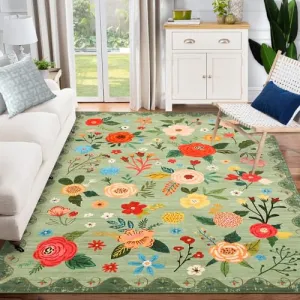 Green 9x12 Floral Area Rug - Machine Washable Non-Slip Low Pile Carpet, Vintage Soft Indoor Rug for Living Room Bedroom Dining Room Farmhouse
