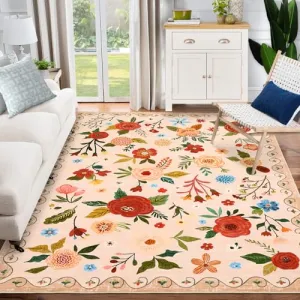 Beige Floral Area Rug for Living Room, 9x12 Machine Washable Large Rugs, 9x12 Non Slip Vintage Low Pile Soft Carpet for Home Bedroom Dining Room Farmhouse