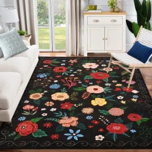 Black Floral Area Rug for Living Room, 8x10 Machine Washable Large Rugs, 8x10 Non Slip Vintage Low Pile Soft Carpet for Home Bedroom Dining Room Farmhouse