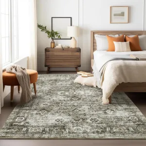 Washable 8x10 Area Rug Non Slip Vintage Floral Print Carpet for Living Room Bedroom Dining Room Grey Taupe