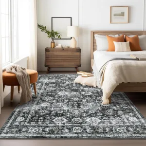 Washable Rugs 5x7 Area Rug Vintage Distressed Floral Print for Living Room Bedroom Dining Room Black Grey