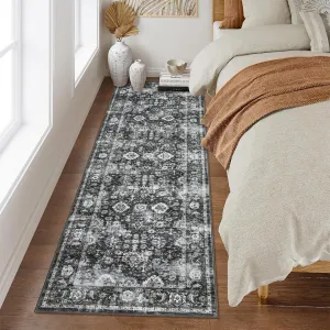 Washable Kitchen Runner 2x6 Distressed Floral Print Non Slip Stain Resistant Rug Black Grey
