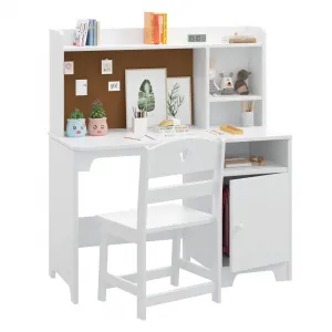 Kids Desk and Chair Set, Wooden Children Study Desk for Kids with Hutch Storage Cabinet, Student Writing Table Computer Workstation for Kids Bedroom & Study Room, White