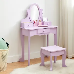 Kids Vanity Set with Adjustable Angle Mirror, Drawers and Stool Suitable for Age 3-10, Purple
