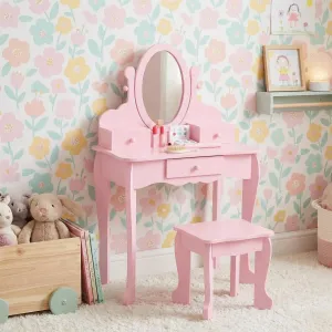 Kids Vanity Set with Adjustable Angle Mirror, Drawers and Stool Suitable for Age 3-10, Pink