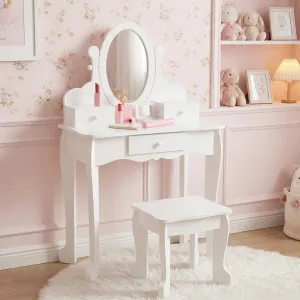 Kids Vanity Set with Adjustable Angle Mirror, Drawers and Stool Suitable for Age 3-10, White