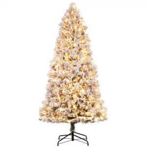 6ft Christmas Tree, Pre-Lit Snow Flocked Xmas Tree with Foldable Metal Base, 250 Multicolor LED Lights, 8 Lighting Modes, Artificial Christmas Tree for Home, Holiday Decoration