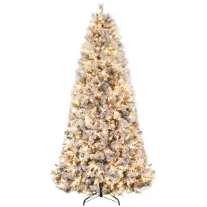 7.5ft Pre-Lit Snow Flocked Christmas Tree, Large Xmas Tree with 350 Dual Color Led Lights, Foldable Metal Base, Artificial Christmas Tree for Home Party Holiday Decoration