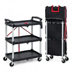 Collapsible Utility Cart, 3-Tier Foldable Service Cart with 360° Swivel Wheels, Ergonomic Handle, Heavy Duty Portable Rolling Tool Cart for Garage, Warehouse, Office, Red