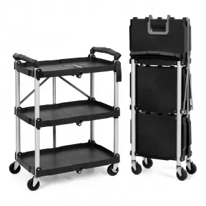 Collapsible Utility Cart, 3-Tier Foldable Service Cart with 360° Swivel Wheels, Ergonomic Handle, Heavy Duty Portable Rolling Tool Cart for Garage, Warehouse, Office, Black