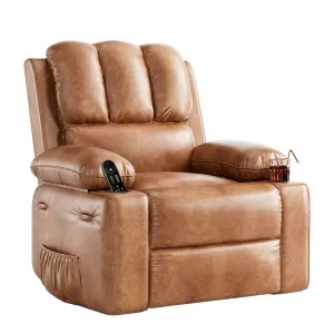 Manual Leather Recliner Chair with 2 Cup Holders, Side Pocket, PU Leather, Overstuffed Armrests, Iron Frame, Living Room Sofa, Brown