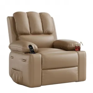 Large PU Leather Manual Recliner Chair with Cup Holders, Padded Arms, Durable Leather, Living Room Relaxation, Tan
