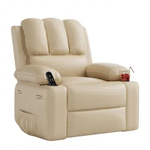 Manual Recliner Chair Leather Sofa with 2 Cup Holders, Side Pocket, PU Leather, Overstuffed Arms, Iron Frame, Beige - Home Theater & Living Room, Beige