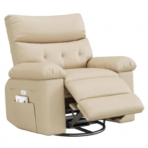 Oversized Manual Recliner, Breathable Leather Pushback Recliner Chair, Single Lazy Sofa Chair with Two Cup Holders and Side Pocket, Living Room Recliner, Beige