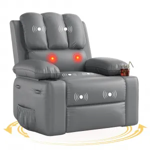 Oversized Recliner Chair with Heat and Massage, 360° Swivel, Manual Rocking, PU Leather, Cup Holder, for Living Rooms and Nurseries, Gray