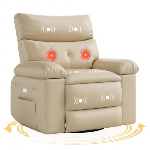 Oversized 27" Width PU Leather Recliner Chair, 360° Swivel Rocker, Heat & Massage, Manual Reclining, Remote Control, Collapsible Armrests, Lounge for Living Room, Bedroom, Nursery, Beige