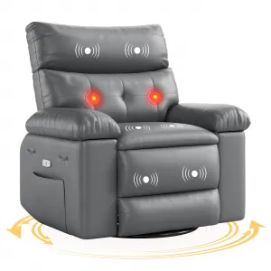 Power Recliner Chair, Rocking Recliner for Adults, Swivel Recliner with Massage, Upholstered Fabric Glider Recliner Nursery Chair, Single Sofa Seat with Side Pockets for Living Room, Grey