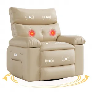 360 Degree Swivel Recliner Chair for Adults, Oversized Electric Rocker Recliner with Massage and Heating, Faux Leather Single Sofa Chair  for Living Room Bedroom, Beige