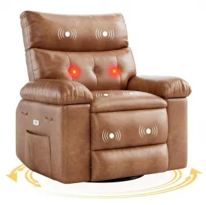 Power Recliner Chair with Heat and Massage – Electric Swivel Rocker Recliner, USB Port, Ergonomic Tall Back PU Leather Sofa, Oversized Padded Seat for Living Room, Adults or Elderly – Brown