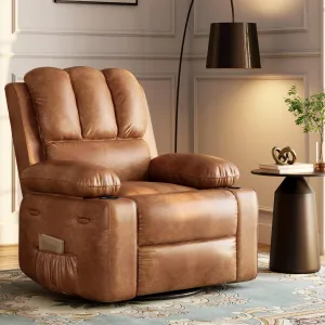 22" Massage Recliner Chair for Adults, Lazy Boy Recliner with Massage, 150% Sponge Filling, Side Pockets, and Cup Holders, for Living Room, Bedroom, and Nursery, Vintage Leather