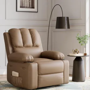 22" Massage Recliner Chair for Adults, Lounge Recliner with Vibrating Massage, PU Leather Recliner with Cup Holders and Side Pockets, for Living Room, Bedroom, and Nursery, Tan