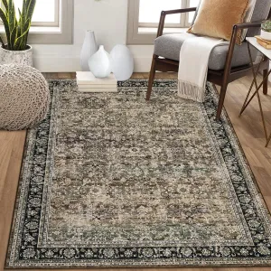 Area Rug 6x9 Vintage Floral Washable Non-Slip Low Pile Carpet Brown for Living Room Bedroom Nursery Dining Room