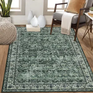 Vintage Floral 5x7 Rug Green Non-Slip Washable Low Pile Soft Indoor Floor Cover for Living Room Bedroom Nursery Dining Room Dorm