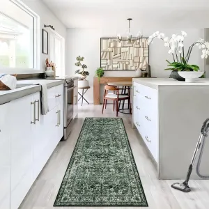 Runner Rug 2x6 Washable Vintage Floral Entryway Runner Green Non-Slip Soft Low Pile Carpet for Hallway Kitchen