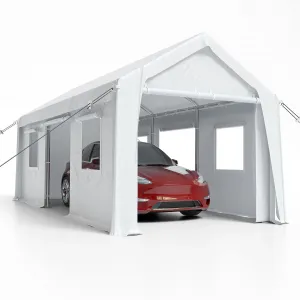 10' X 20' Portable Car Canopy with Roll-Up Doors & Ventilated Windows, Height Adjustable, for Car & Truck, White