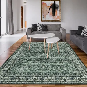 Washable Rug Vintage Floral Non-Slip Large 8x10 Green Indoor Soft Rug for Living Room Bedroom Nursery Dining Office