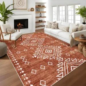 Large Washable Area Rug 8x10 Modern Distressed Geometric Rug Soft Non Slip Floor Carpet, Low Pile Non Shedding Rug, Indoor Stain Resistant Rig for Bedroom, Living Room, Brick