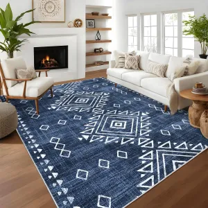9x12 Ft Modern Southwestern Area Rug Distressed Geometric Floor Carpet Non Slip Thin Rug, Soft Non Shedding Rug, Large Washable Rug, Contemporary Indoor Bedroom Rug Living Room Rug, Blue