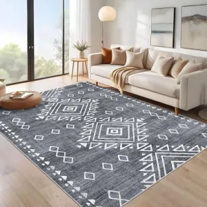 Washable Rug 5x7 Vintage Rug Soft Indoor Non Slip Carpet Tribal Geometric Low Pile Non-Shedding Kitchen Rug Retro Entryway Rug Foldable Thin Accent Floor Cover for Living Room Bedroom Gray