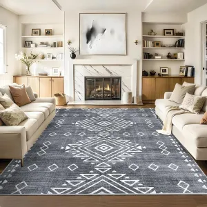 Washable Rug 8x10 Rug Living Room Rug Large Vintage Area Rugs for Bedroom Indoor Soft Non-Slip Carpet Low Pile Non-Shedding Floor Carpet Farmhouse Accent Rugs for Dining Room Office Gray