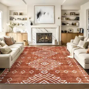 Large Area Rug 9x12 Washable Rug Farmhouse Rug Living Room Rugs Non-Slip Low Pile Ultra Soft Floor Carpet Indoor Non-Shedding Tribal Carpet for Nursery Dining Room Playroom Office Orange