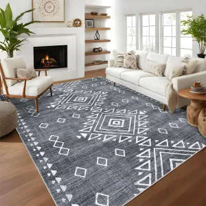 Modern Geometric Area Rug 6x9 Washable Non Slip Floor Carpet Distressed Gray Rug, Low Pile Non Shedding Rug, Soft Thin Southwestern Rug for Dining Room, Living Room
