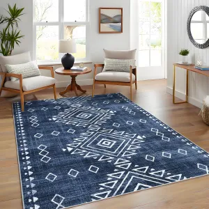 Area Rugs 5x7 Washable Rug Vintage Rug Farmhouse Throw Rugs with Non-Slip Backing Soft Diamond Print Tribal Low Pile Accent Rugs Retro Foldable Thin Carpet for Living Room Bedroom Blue