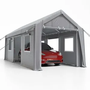 10' X 20' Heavy Duty Car Shelter with Roll-Up Doors & Windows, Height Adjustable, for Car & Boat, Grey