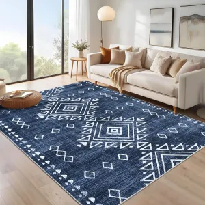 Machine Washable Area Rug 10x13 Large Living Room Rug Vintage Rug Tribal Geometric Distressed Carpet Ultra-Soft Non Slip Low Pile Thin Floor Cover for Bedroom Kitchen Farmhouse Office Blue